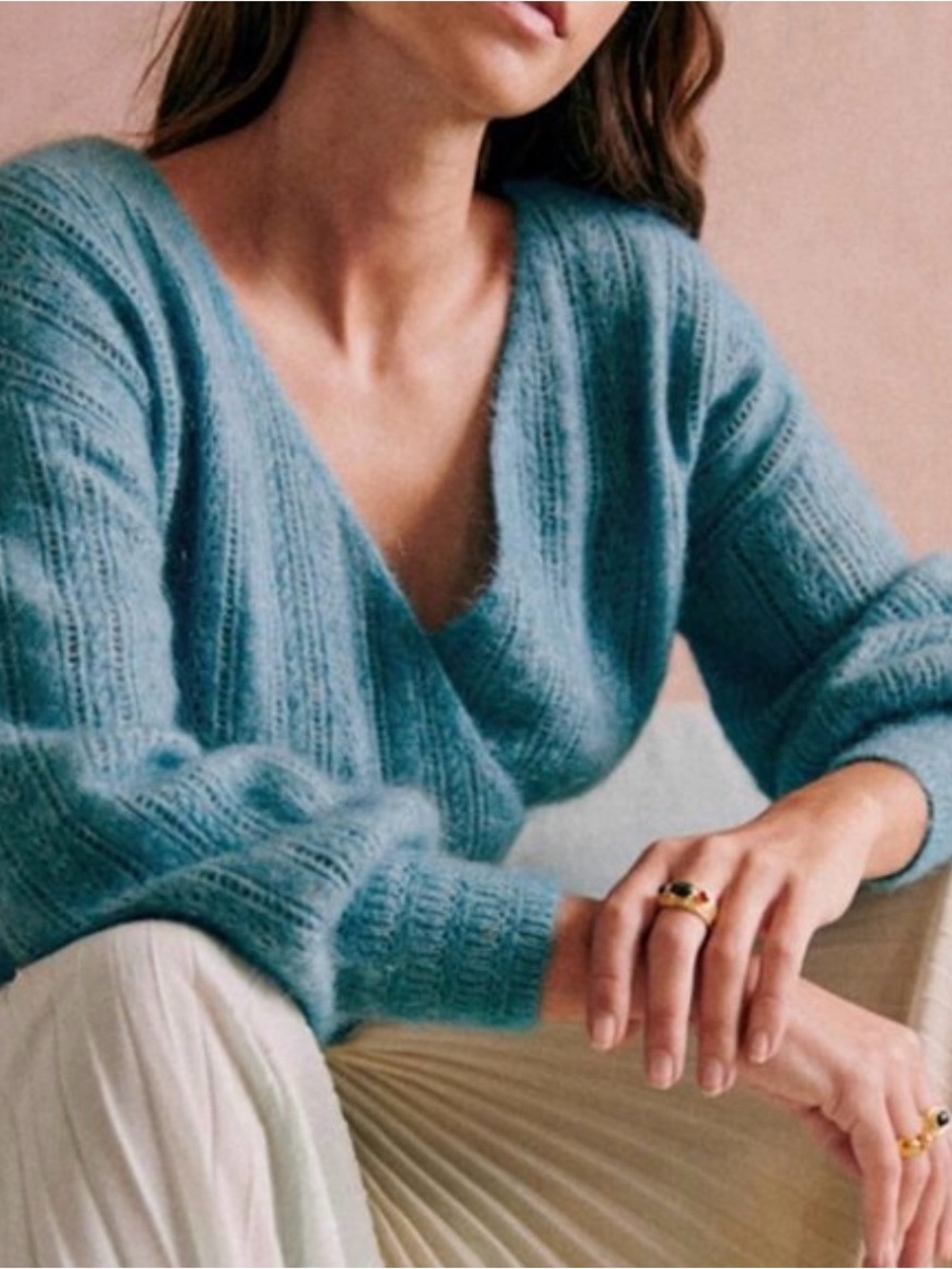 Sezane NWOT Cristina Jumper Peacock Blue Mohair Wool Reversible V Neck Sweater L